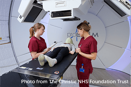 Photo of a child wearing a radiotherapy mask for proton beam therapy.